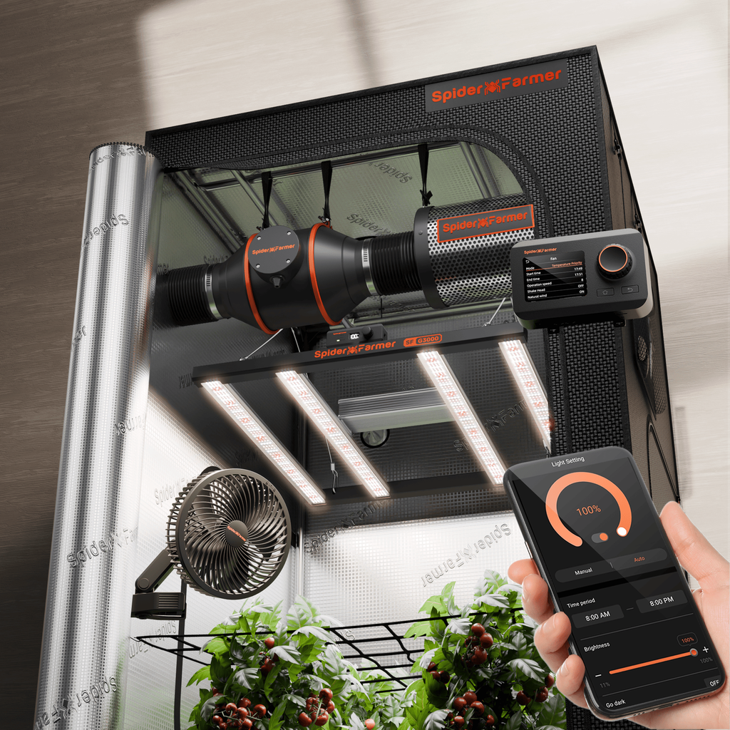 Spider Farmer -Kit Tente de Culture Intelligente 2025 | LED G3000 300W diodes Bridgelux (USA) à Spectre Complet | 90x90x180 cm (3’x3’x6′) | Contrôle via Application Bluetooth & Wi-Fi pour l’Éclairage, la Ventilation et l'extraction d'air et filtration charbon.
