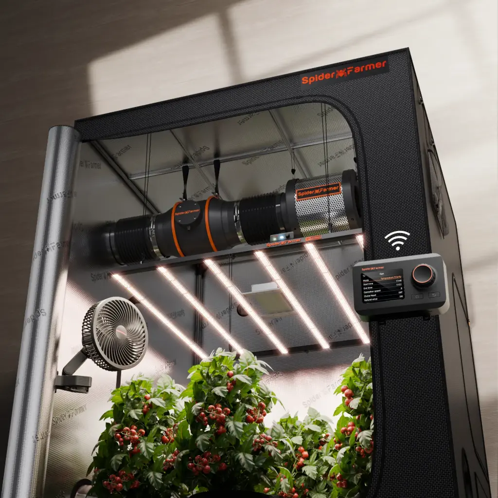 Spider Farmer - Smart Kit complet 150x150x200cm. Lampe SE7000 730W lampe full spectrum LED Samsung LM301H EVO, Bluetooth et WiFi Smart APP contrôle éclairage, extraction et ventilation.