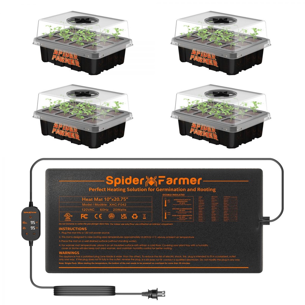 Spider Farmer - tapis chauffant imperméable pour semis, 10x20,75 pouces, avec 4 plateaux de démarrage de graines, pour le jardinage indoor