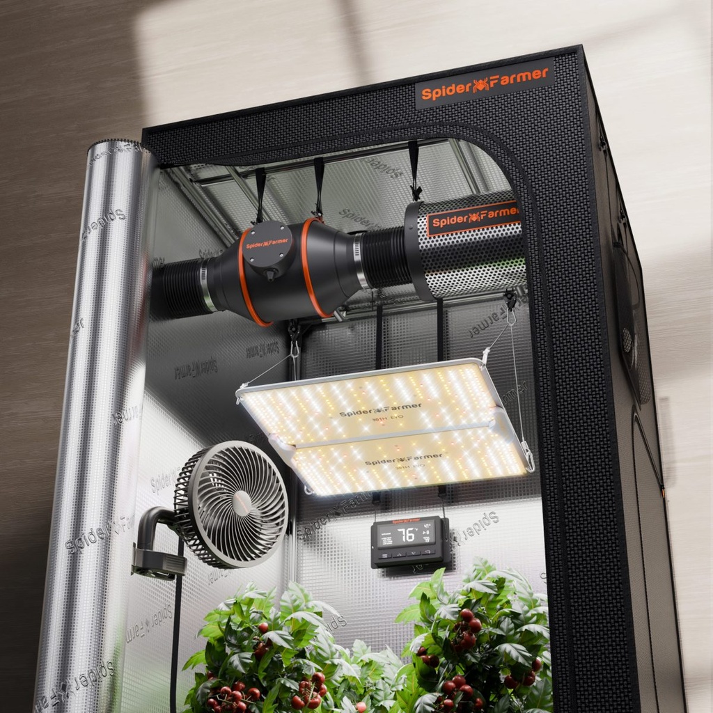 Kit complet de culture Spider Farmer® 2’x4’x6’(60x120x180)Avec panneau LED SF2000 301H EVO à spectre complet. Ventilateur à pince 6”Système de ventilation 4” avec régulateur de vitesse 