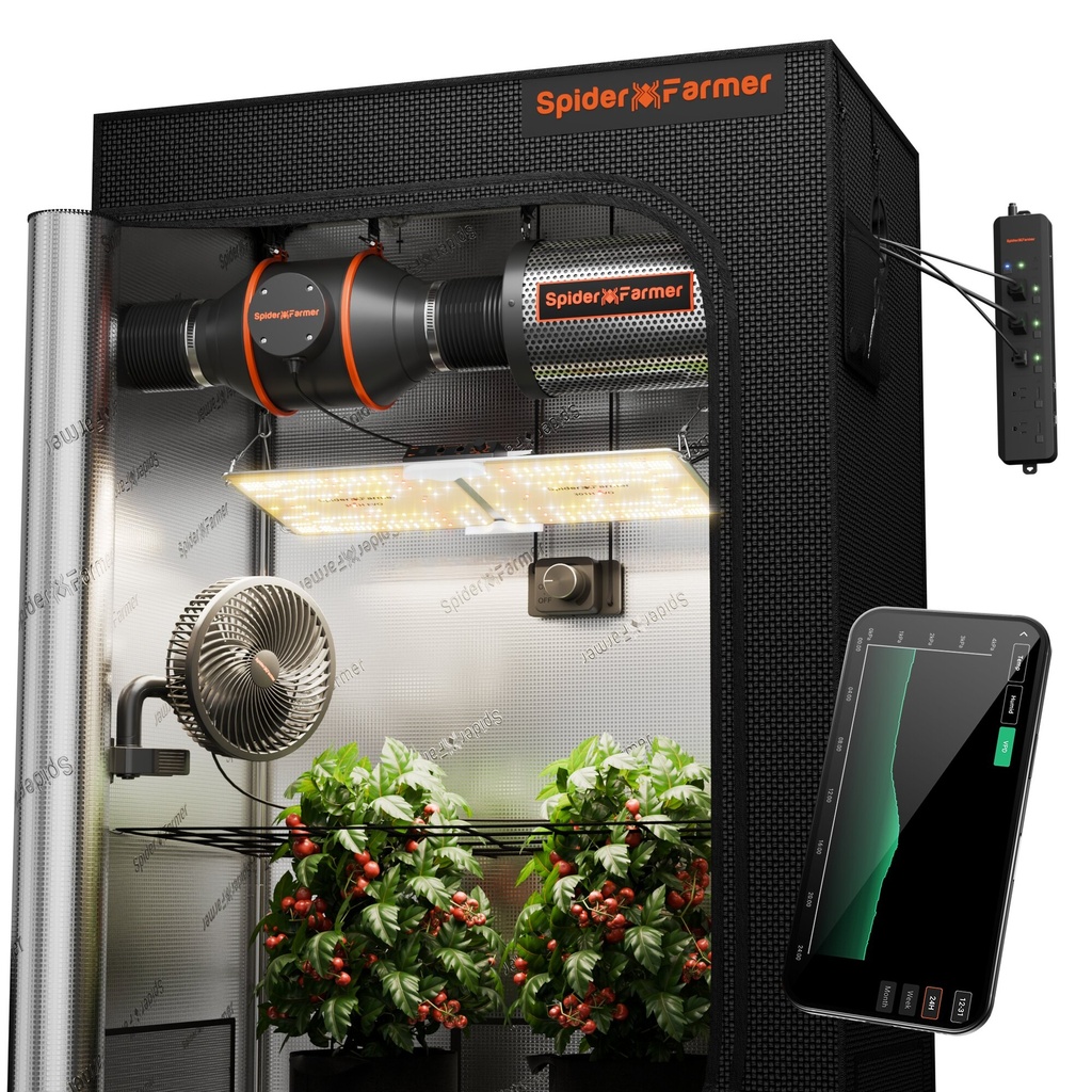 Spider Farmer - Vente groupée 4 × 2 ′ Genius Grow System Kits de multiprises AC5, + applications Smart Controls kit complet de culture SF2000 EVO LED Ventilateur à pince de 6"Kits de ventilateur de 4"