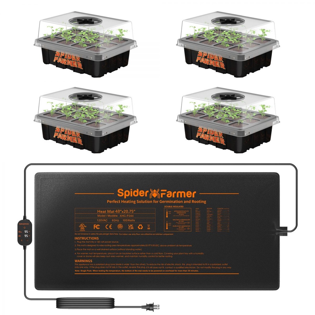 Spider Farmer - New Tapis chauffant pour semis 48"X 20,75"avec 4 plateaux de démarrage de semences pour le jardinage indoor