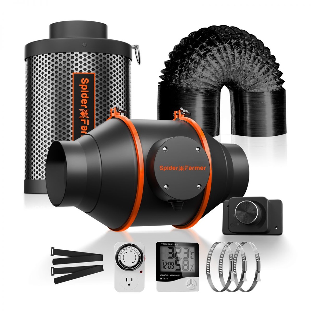 Spider Farmer - Nouveaux kits de ventilateurs de conduit en ligne 4"205 CFM avec contrôleur de vitesse, système de ventilation de culture avec filtre à charbon, contrôleur GGS contrôlable