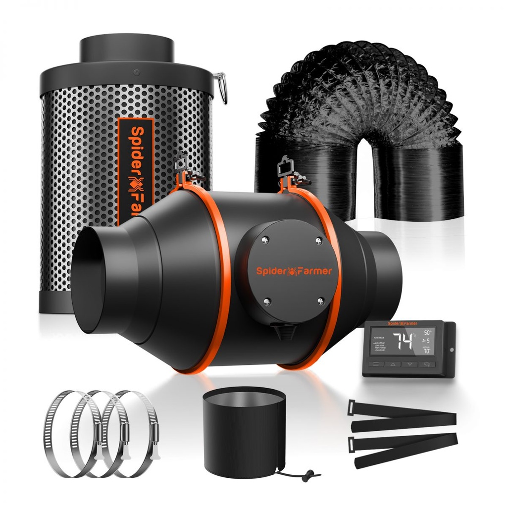 Spider Farmer - Kits de ventilateurs en ligne 4"/6"avec contrôleur programmable, filtre à charbon et ventilateurs de conduit