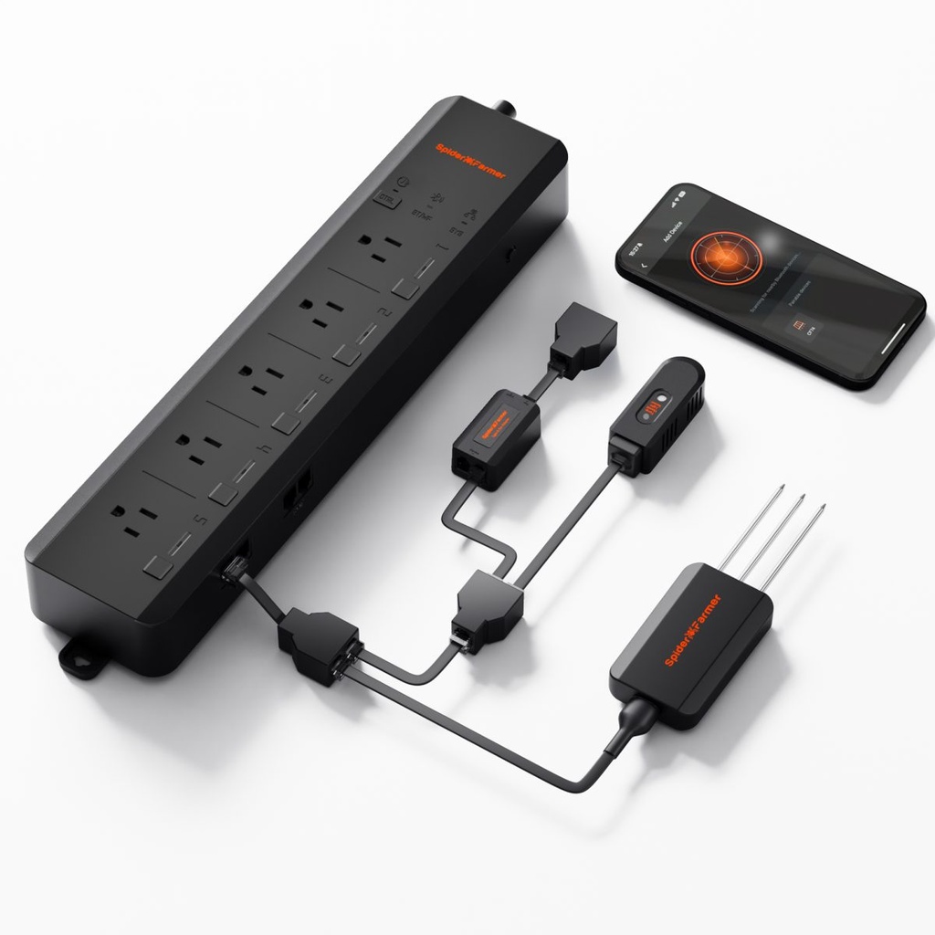 Spider Farmer - GGS AC5 Multiprise avec 5 prises pour contrôle climatique de culture, avec température, humidité, surveillance VPD, planification, suivi des données historiques, connectivité Bluetooth et WiFi