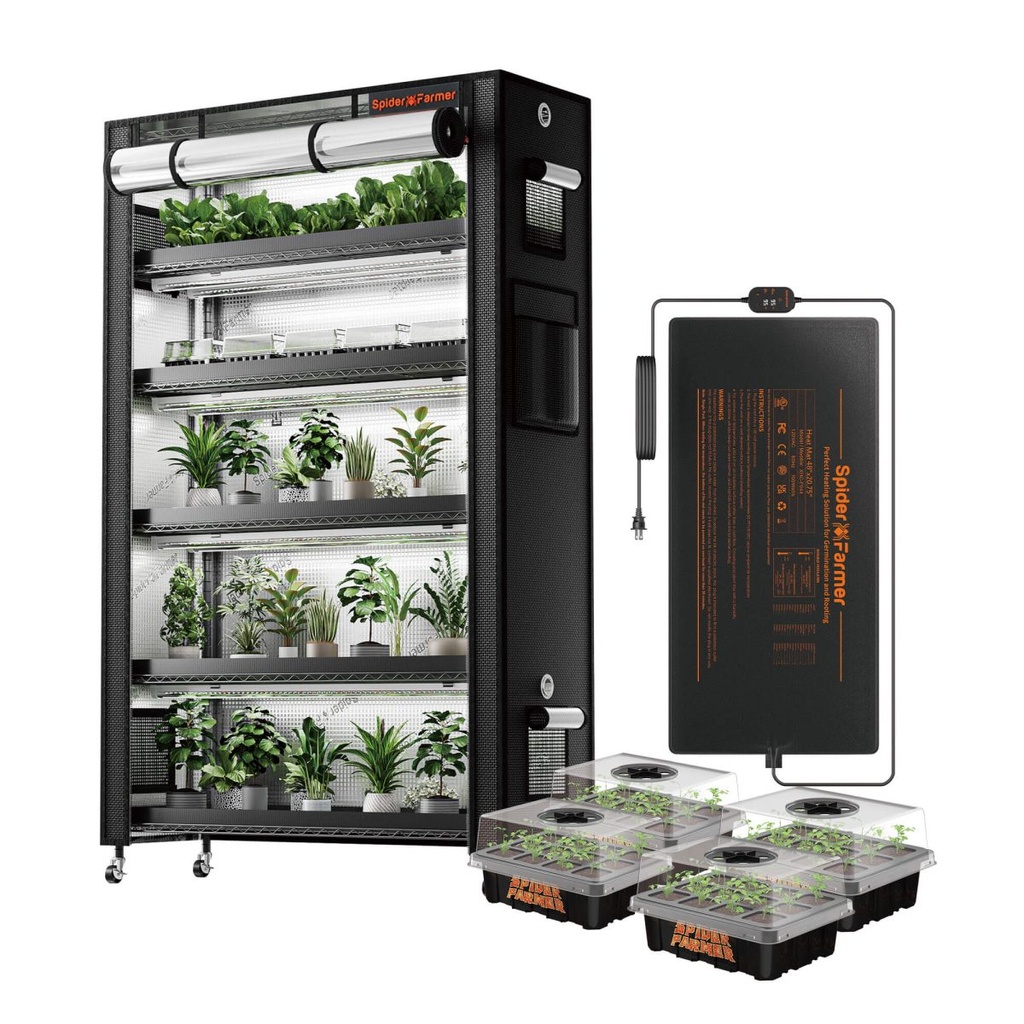 Spider Farmer - : Support pour plantes à 6 niveaux avec lampes de culture 220 W avec tente de culture 1680D, 4 plateaux de démarrage pour graines et tapis chauffant pour semis de 25,4 x 52,1 cm