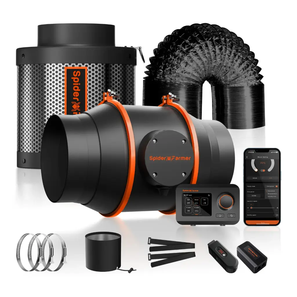 Spider Farmer - Kits de ventilateurs en ligne 6" 402CFM avec contrôleur GGS, filtre à charbon et conduits, système de ventilation pour tente de culture